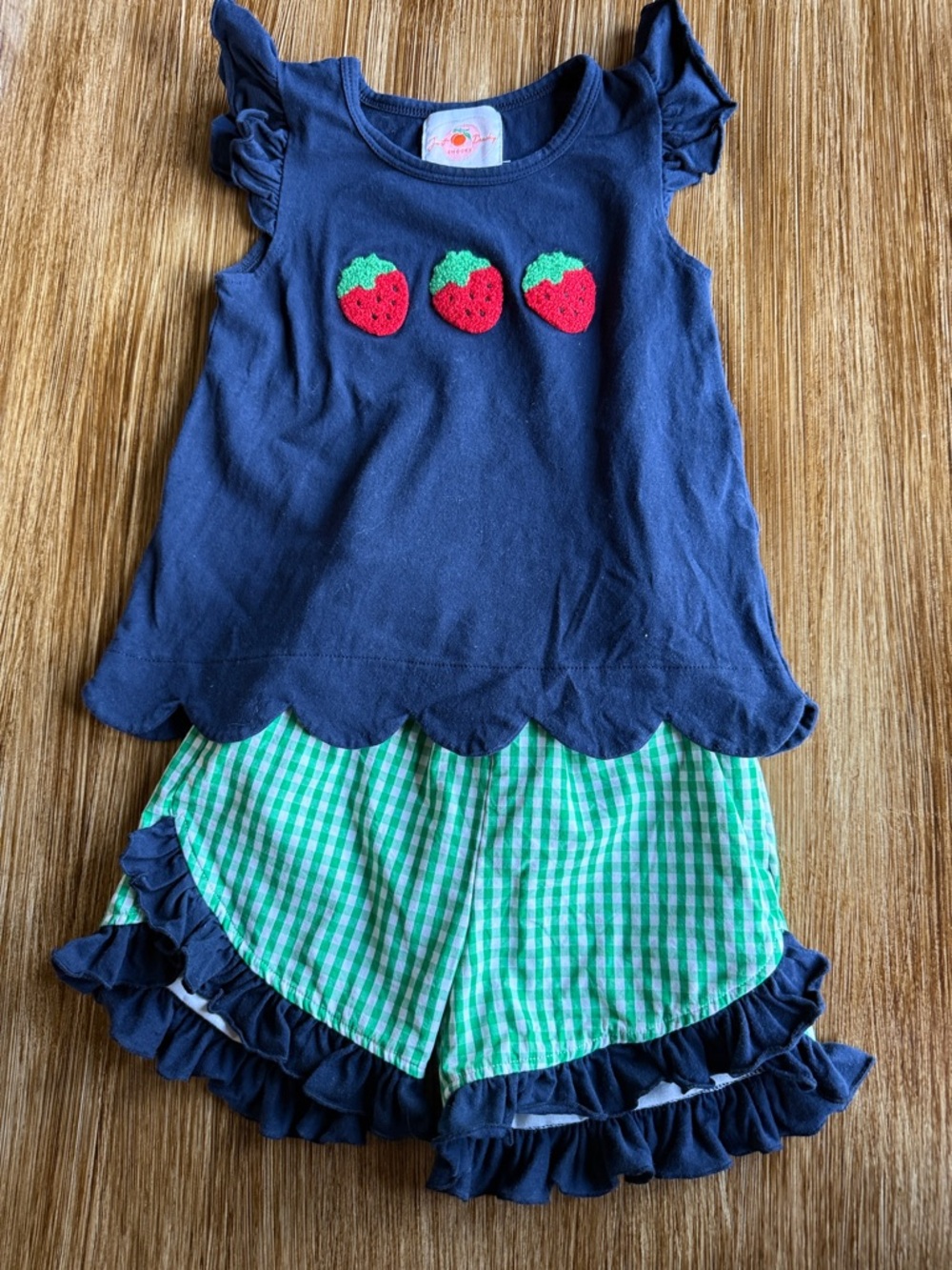 Navy Strawberry Tank & Green Gingham Ruffle Shorts Set